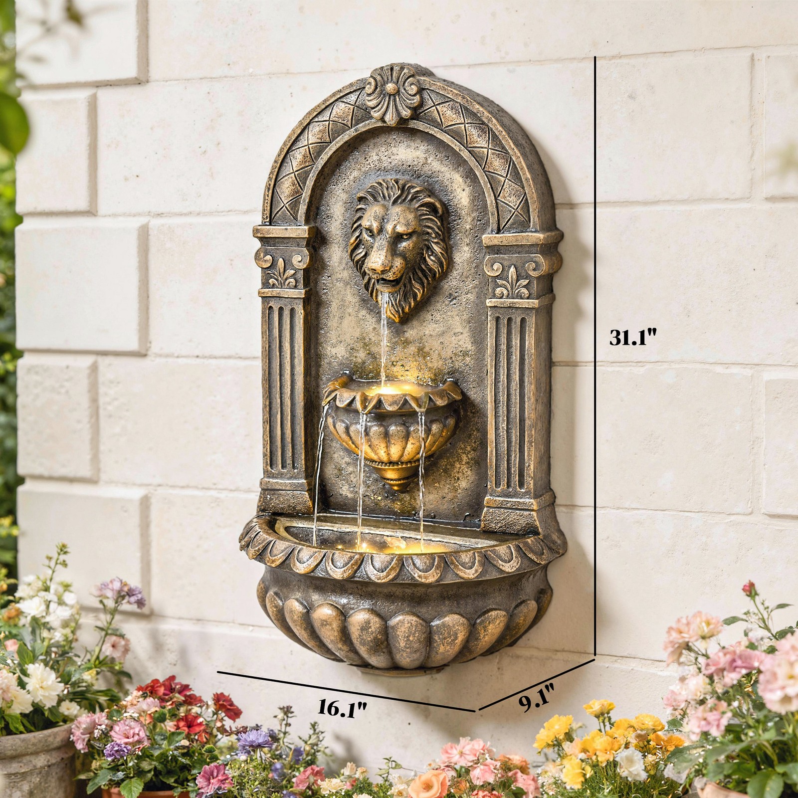 Wall-Mounted 3-Tier Outdoor Fountain with LED Lights, New