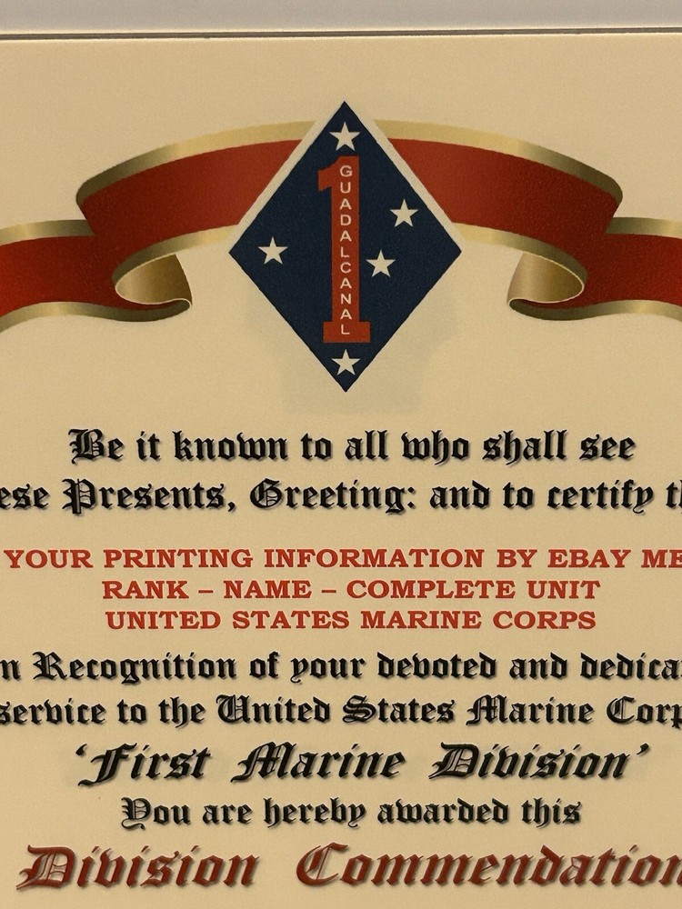U.S.M.C. / FIRST MARINE DIVISION ~ DIVISION COMMENDATION REPLACEMENT CERTIFICATE