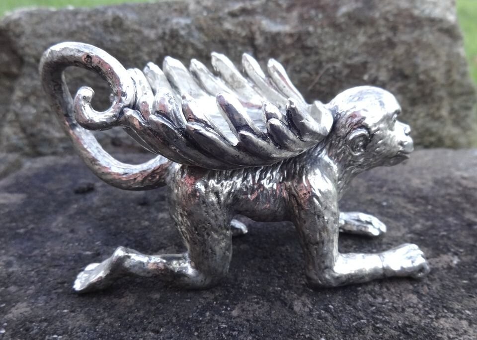 Heavy, Silverplated Reclining Monkey Open Salt Dip, Cellar, Dish!