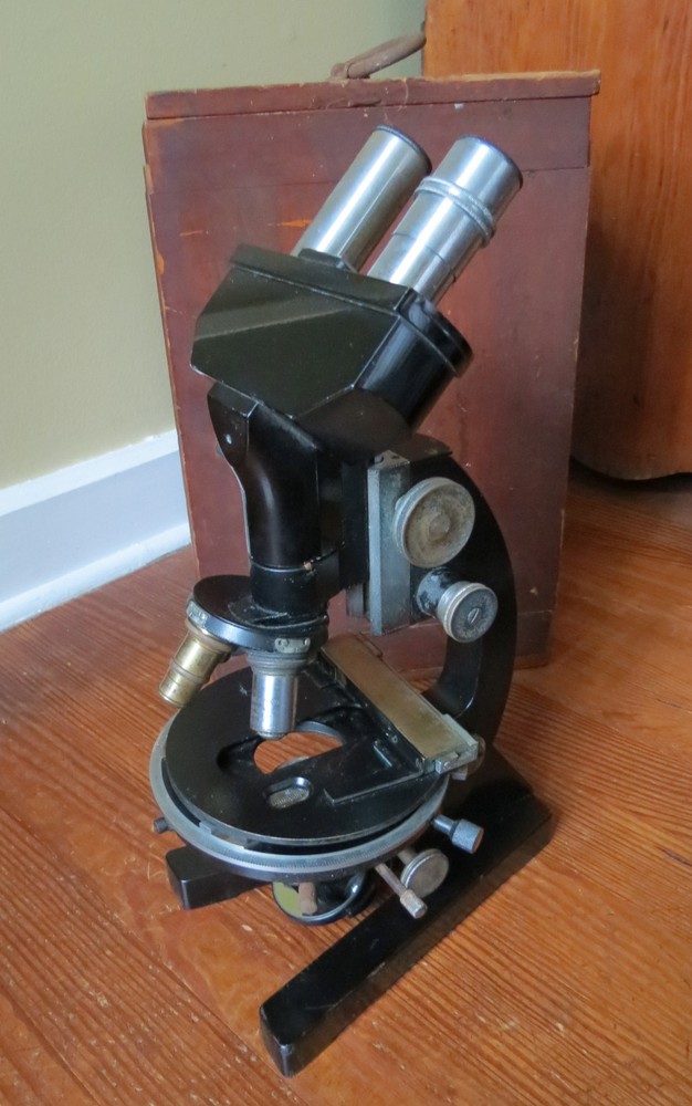 VINTAGE BAUSCH & LOMB MICROSCOPE with WOODEN CASE & PARTS