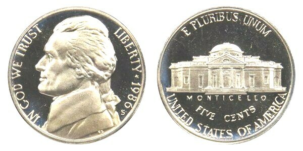 1986 S JEFFERSON NICKEL GEM DCAM PROOF from PROOF Set