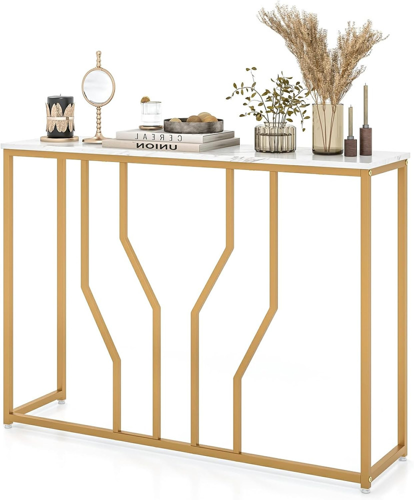 Gold Console Table, Modern Sofa Table with Faux Marble Tabletop & Geometric Meta