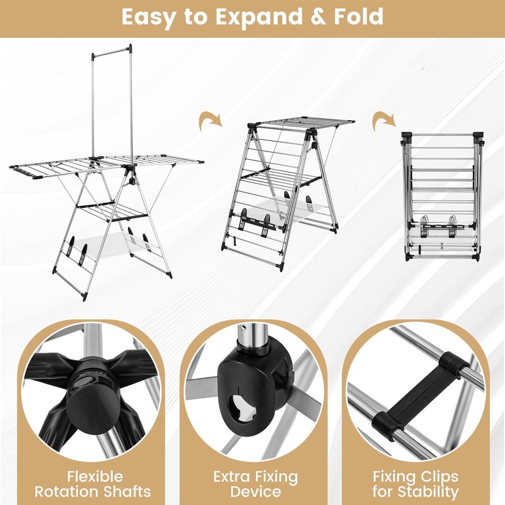 2-Layer Aluminum Foldable Drying Rack w/ Hanging Bar & 2 Height-adjustable Wings