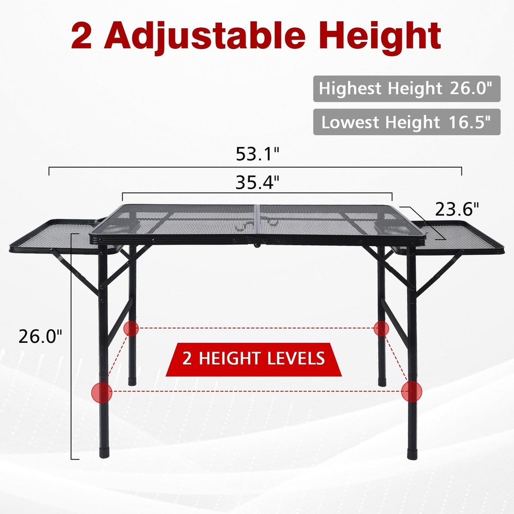 Folding Grill Table, 3x2 FT Portable Camping Table with 2 Wing Panels, Height...