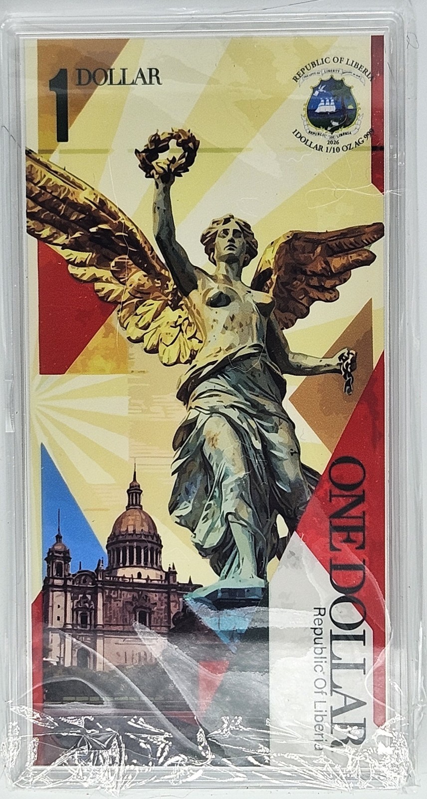 1/10 Oz Silver Note .999 1$ Liberia 2026 The Angel Of Independence In Case & box