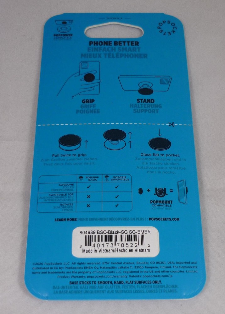 PopSockets PopGrip Basic Mobile Phone Expanding Stand and Grip - Black- New