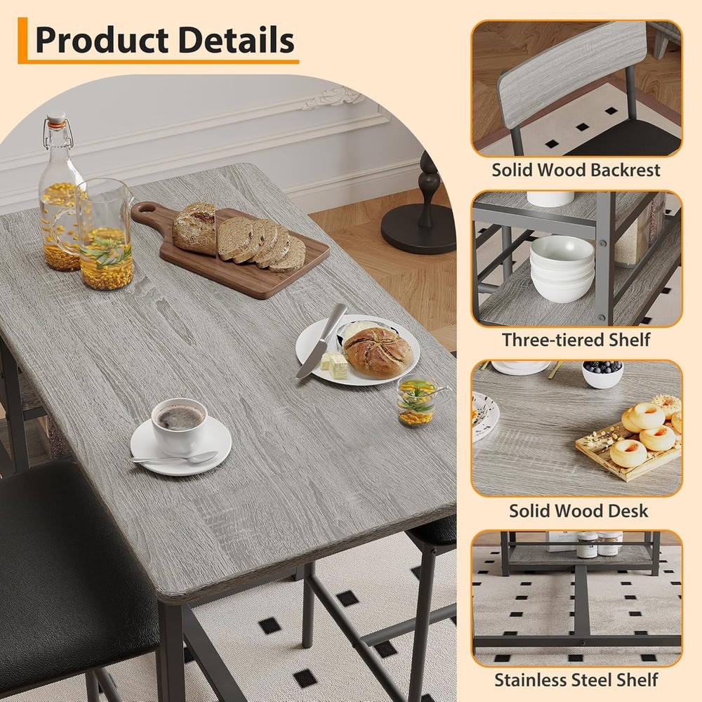 Bar Table and Stools Set for 2, Modern Dining Table Set with 3 Storage Shelves