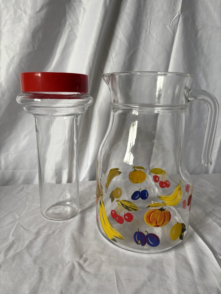 Large Vintage Glass Pitcher with Removable Ice Column | Fruit Pattern