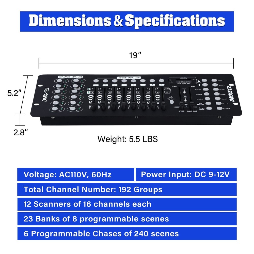 DMX 512 Controller, 192 Channel DMX Light Controller Stage Lighting Console f...
