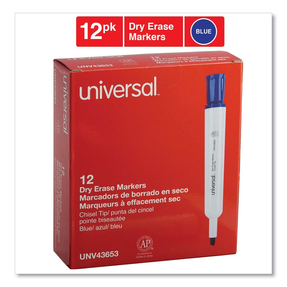 Universal® Dry Erase Marker, Chisel Tip, Blue, Dozen