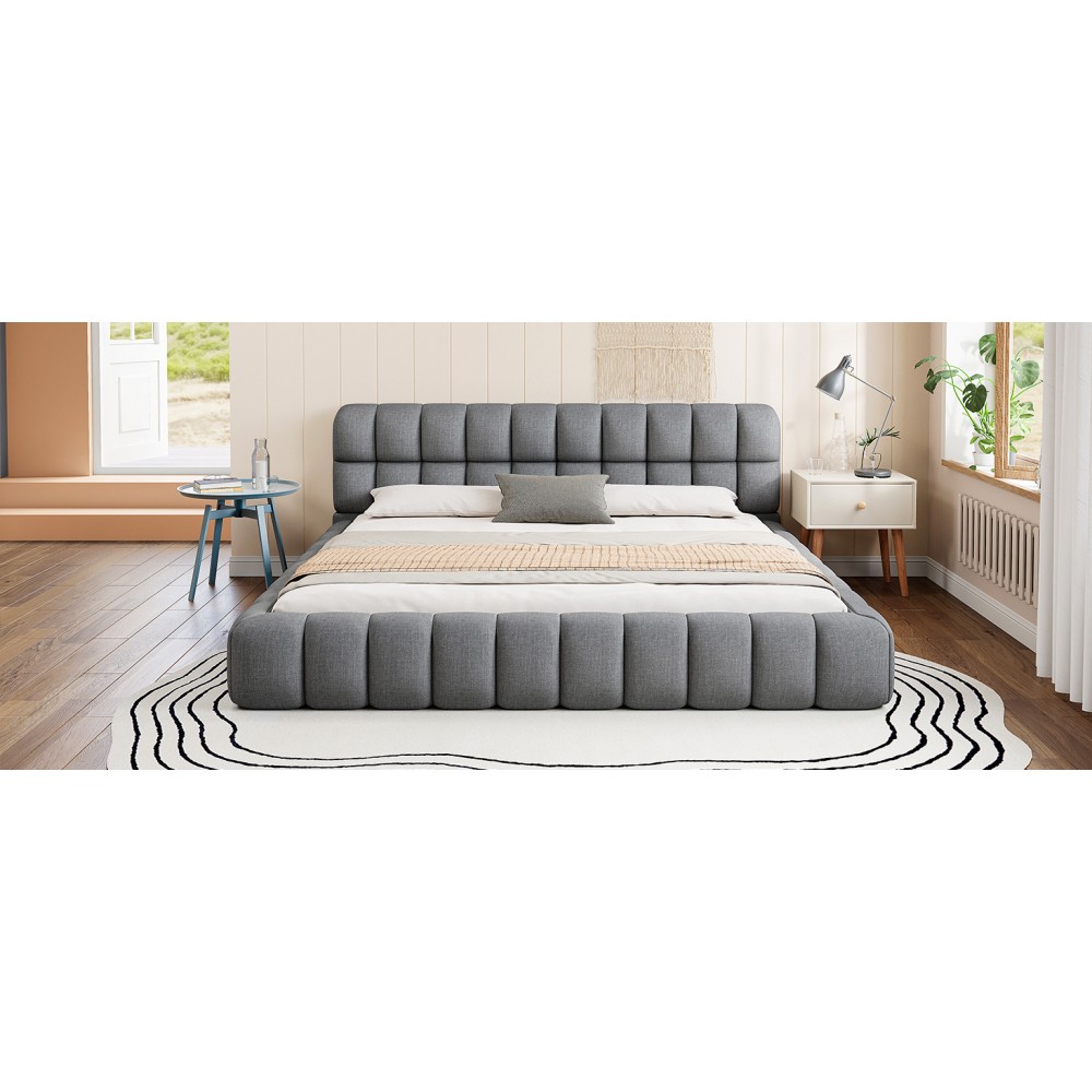 King Upholstered Platform Bed w/ Solid Wood Frame, Gray Linen, 2000lbs Support