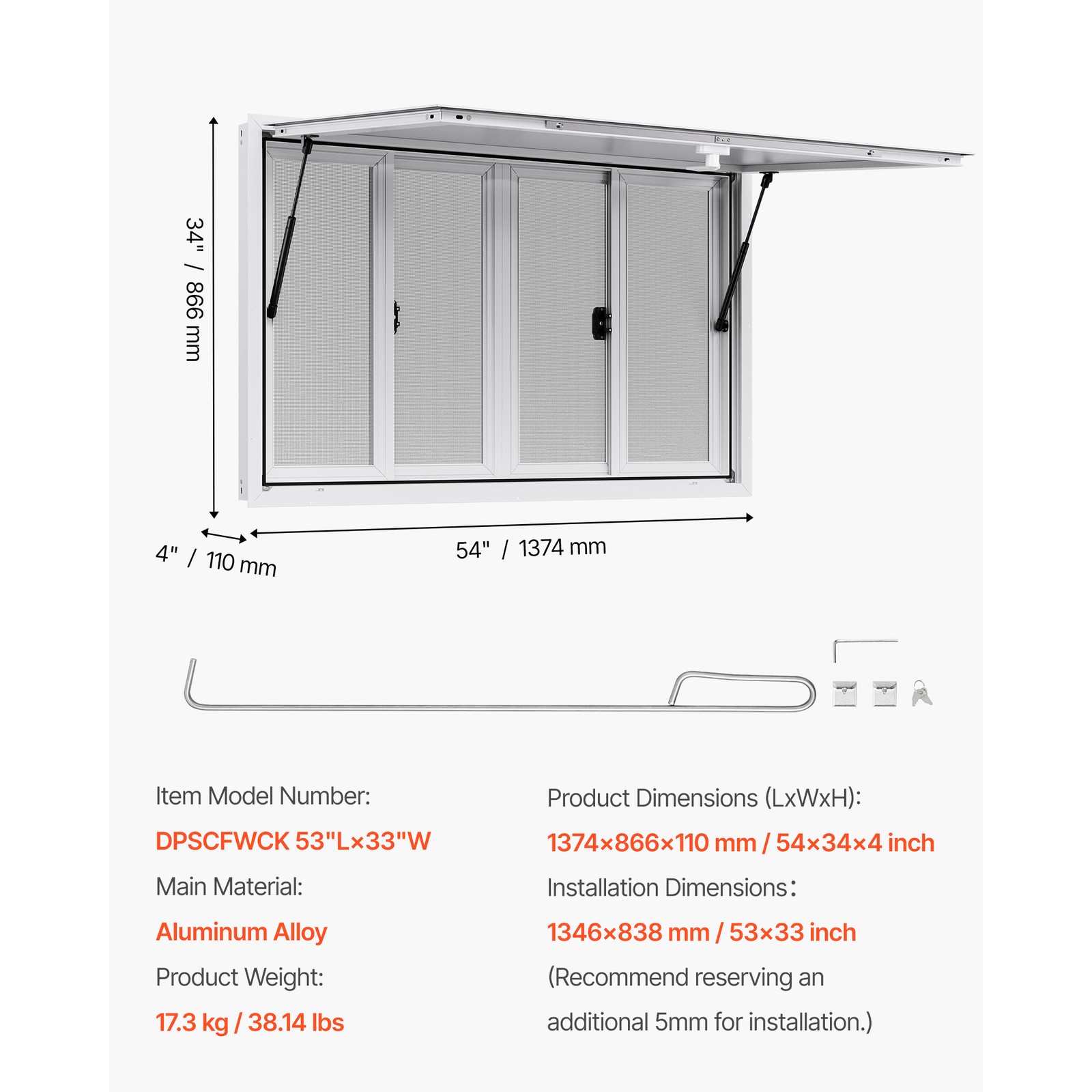 Uimoso 53x33in Aluminum Alloy Food Truck Service Window with Awning