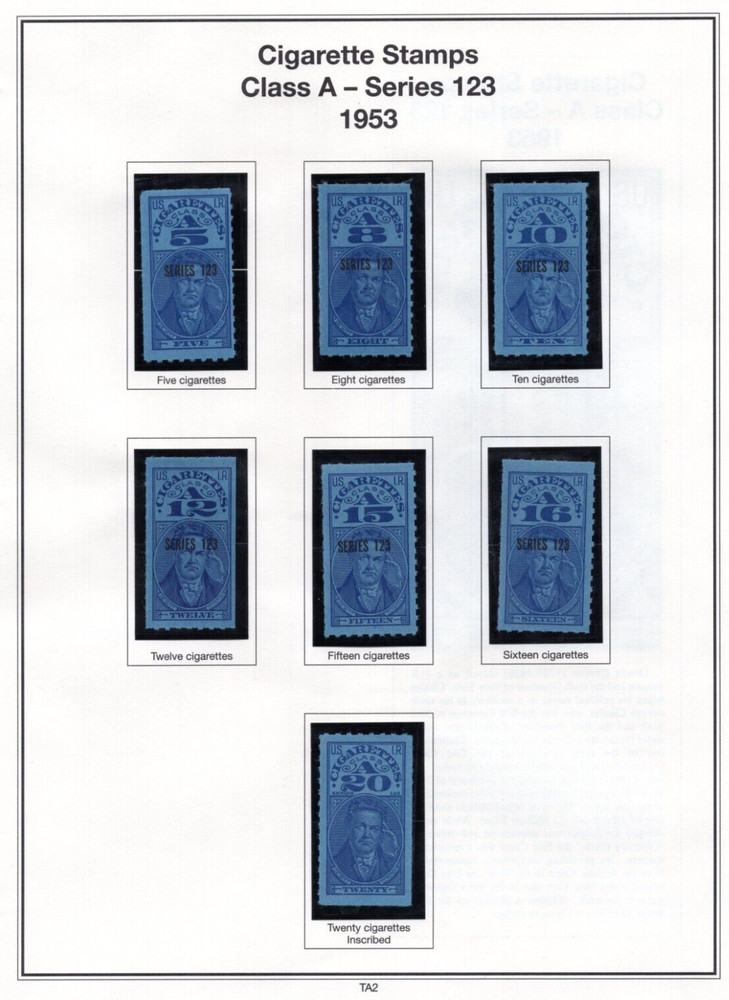 US 1953 CIGARETTE REVENUE STAMP COMPLETE COLLECTION IN HINGELESS MOUNTS