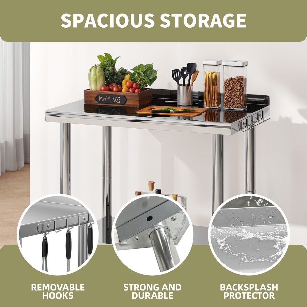 Rolling Work Table Stainless Steel Undershelf Kitchen Prep Backsplash Side Hooks