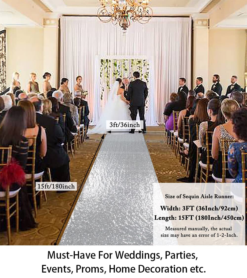 Silver Sequin Aisle Runner 15FTx3FT Wedding Hallway Decoration