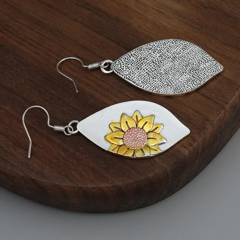 Leaf Shape Exquisite Sunflower Pattern Dangle Earrings Bohemian Ethnic Style