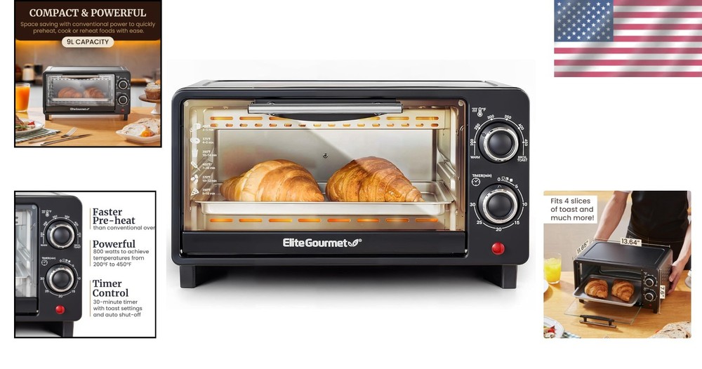 9L/4 Slice Toaster Oven in Matte Black - 30-Min Timer & Adjustable Temp Control