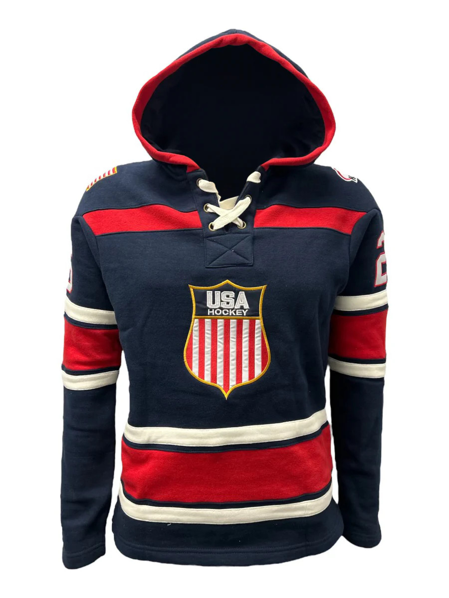 USA Hockey Shield Logo Official Embroidered Navy Lace Hoodie