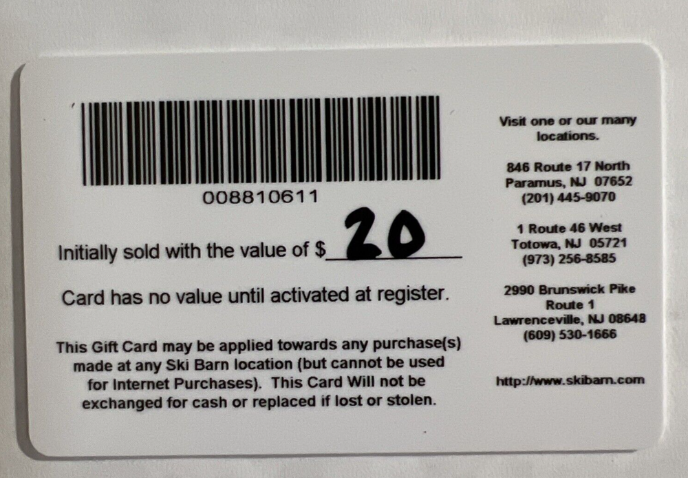 $20 Ski Barn Gift Certificate NJ Stores