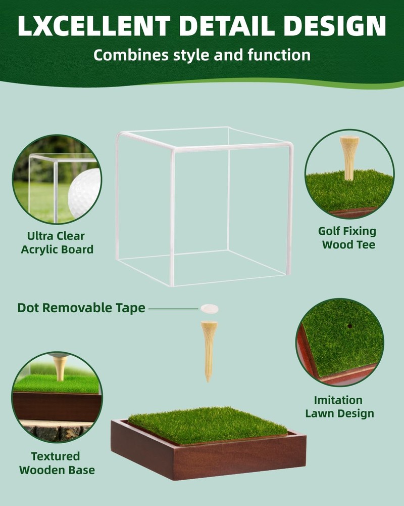 Golf Ball Display Case - Clear Acrylic Cube with Solid Wood Base & Tee, Anti-...