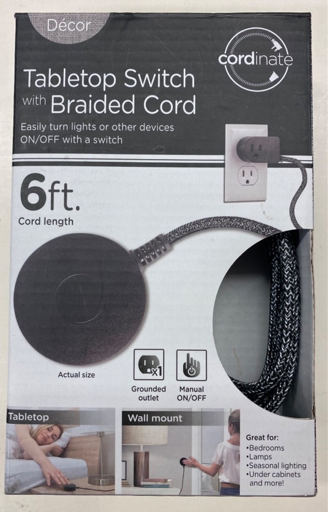 Decor Cordinate Tabletop Wall Mount Switch Plug w/ Braided Cord Black/White NEW