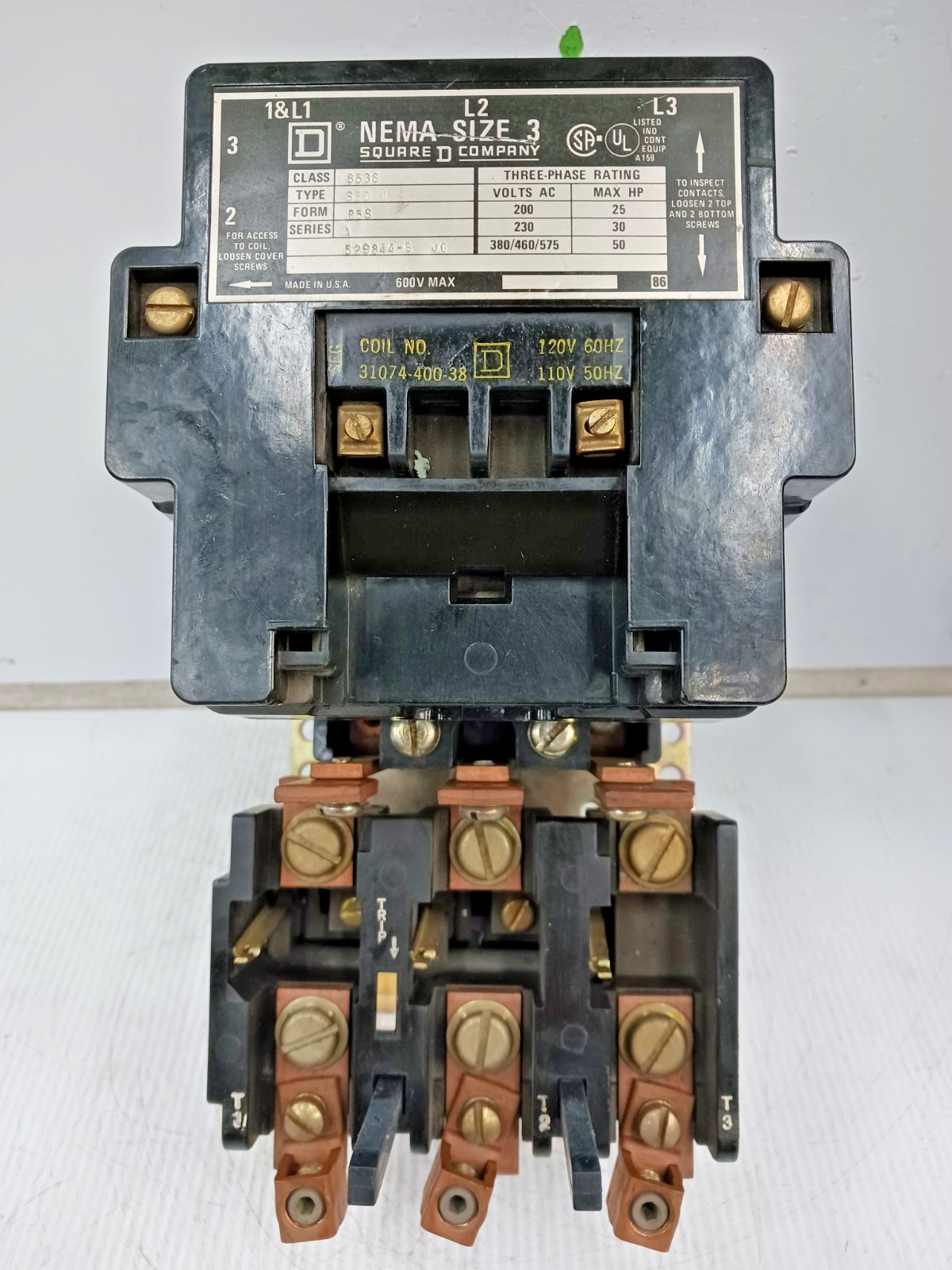 Square D Size 3 Motor Starter 600 VAC Max 120 VAC Coil 50 HP Max 8536SEO1
