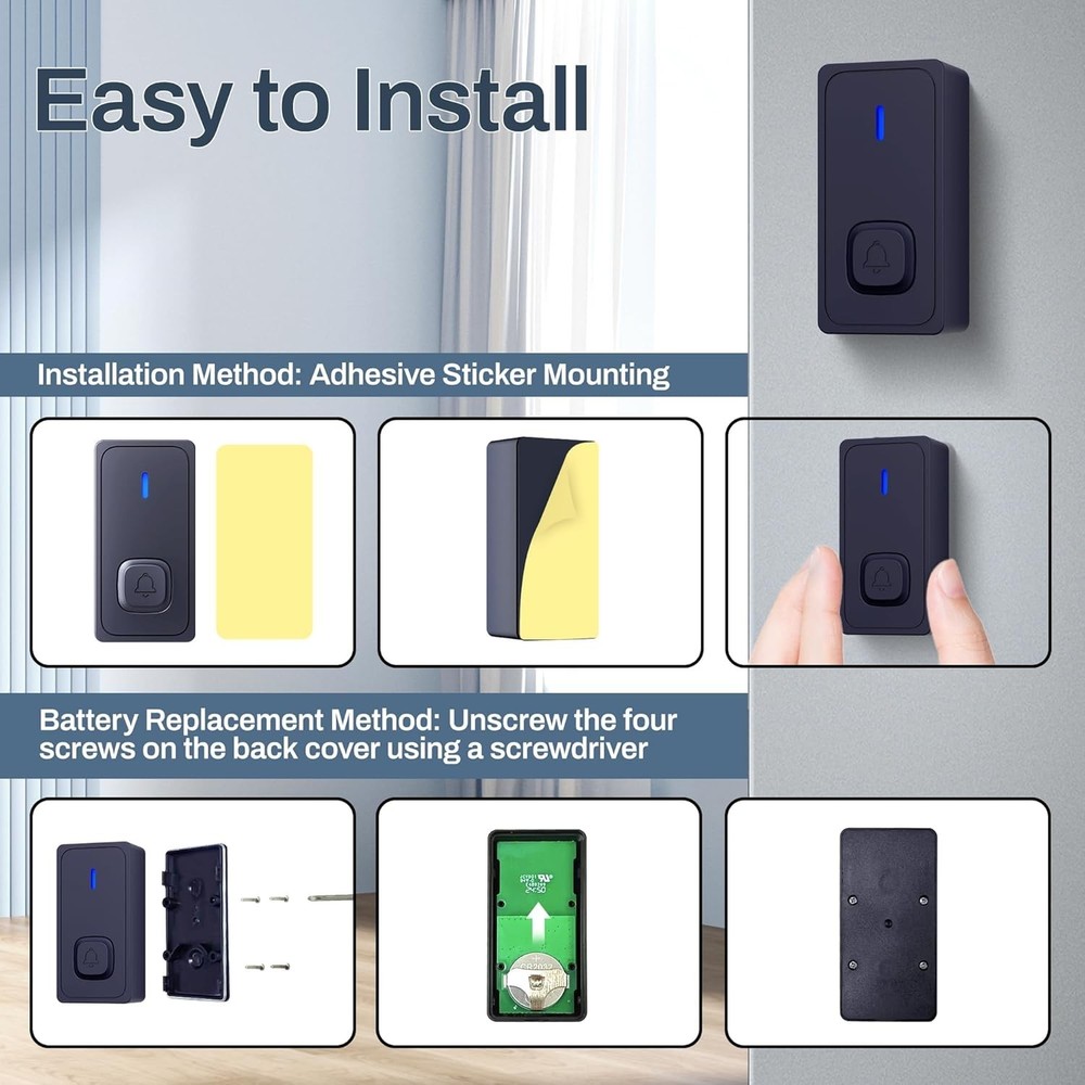 Waterproof Wireless Doorbell - 1000Ft Range, Adjustable Volume & Flash