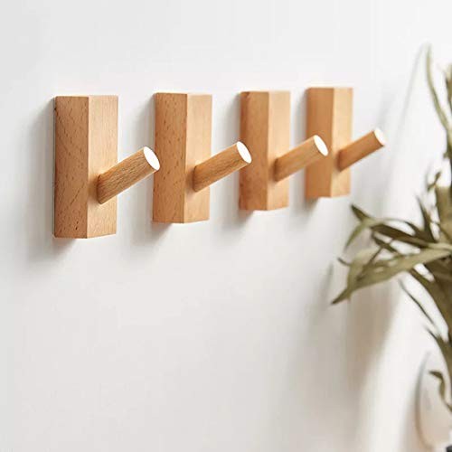 Adhesive Wall Hooks Hat Rack, Wooden Coat Hooks Wall 4Pack Rectangle-Beech