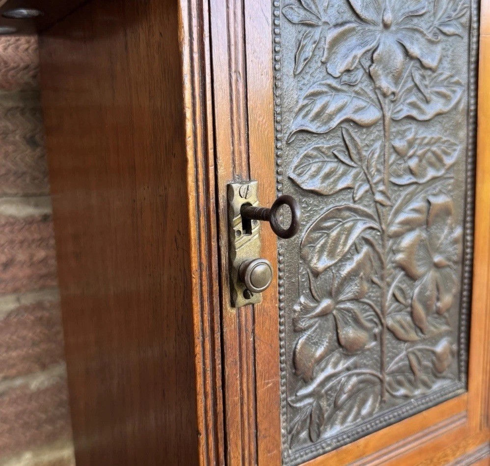 Antique Edwardian Oak Wall Hanging Smokers Cabinet & Original Glass Match Holder