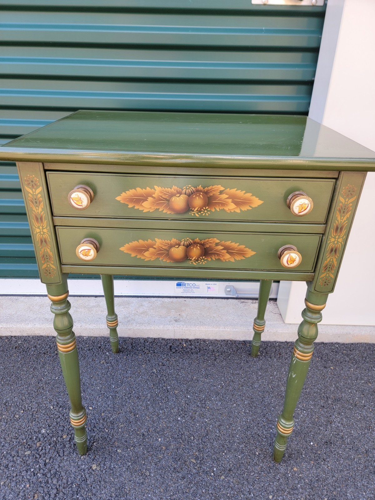 L. Hitchcock 2-drawer End/Side/Work Table Dark Green Stenciled drawers