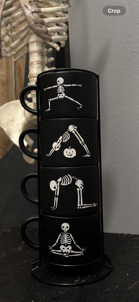 Prima Design Halloween Coffee Mugs Skeleton Yoga Pose 4 Set Stackable Caddy