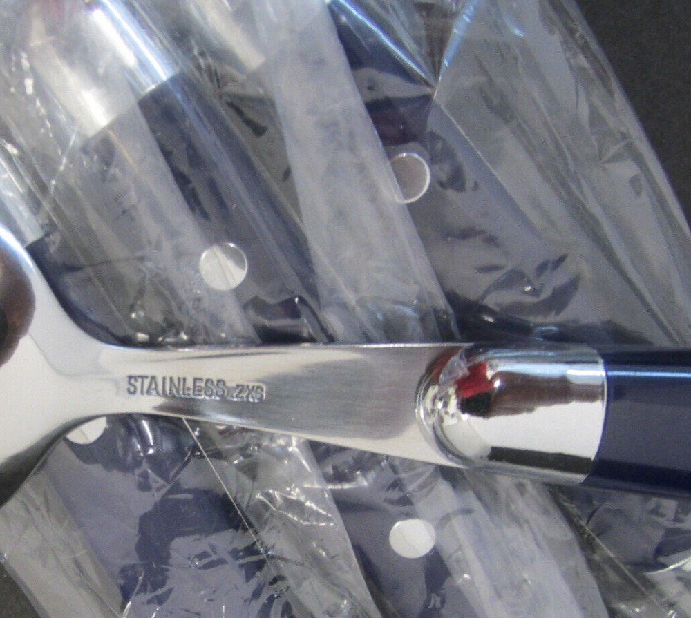 JUBILEE BLUE STAINLERSS PLASTIC HANDLE RIVETS FLATWARE SOUP SPOONS FOUR