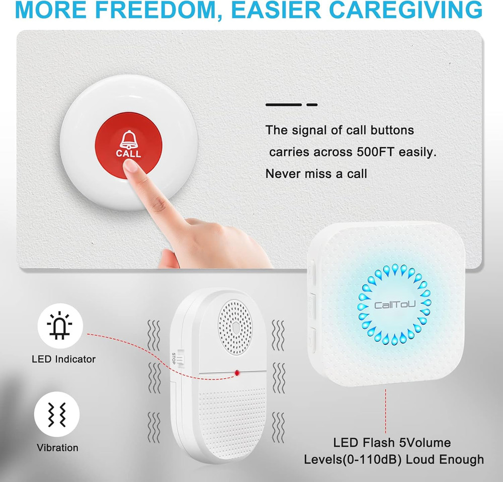 Wireless Caregiver Pager Waterproof Call Button Vibration Call Button for Elderl