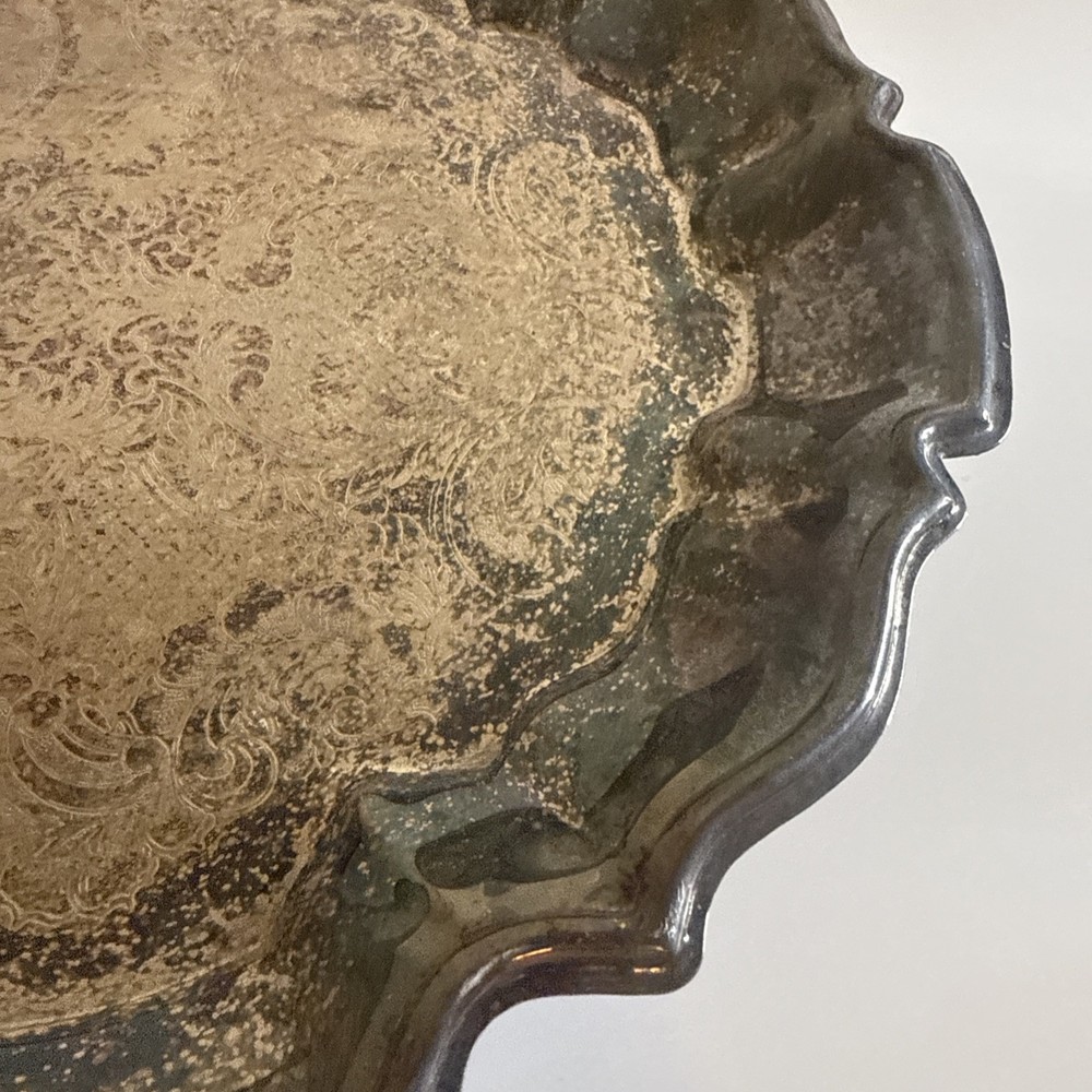 Vtg Silver Platter Tray Etched Scrollwork Footed Serving Leonard Silver