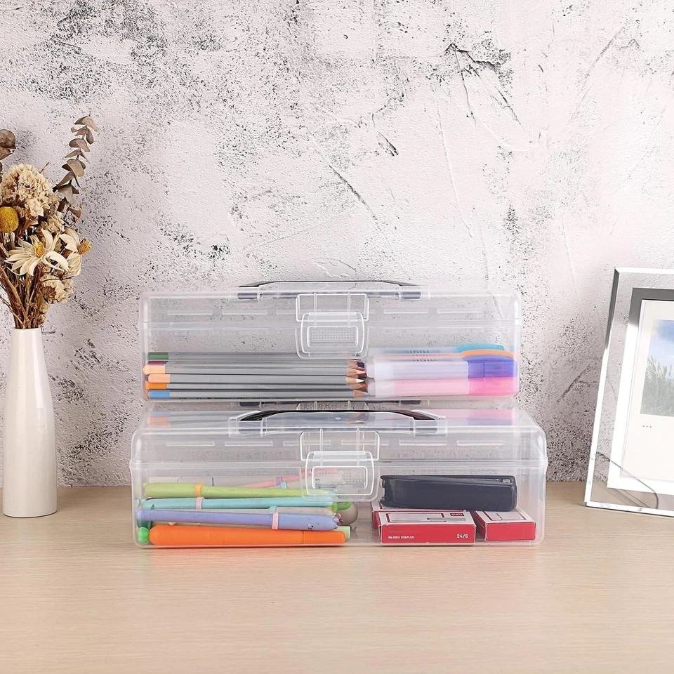BTSKY 3 Pack Long Plastic Pencil Box Portable Clear Home Utility Boxes Black