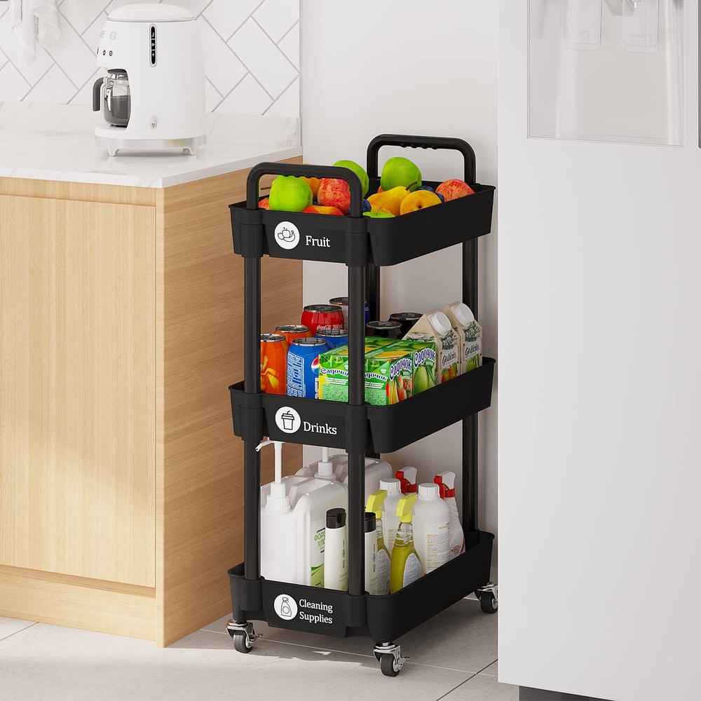 3Tier Utility Rolling Kitchen Storage Cart Organizer Black Lockable Wheels