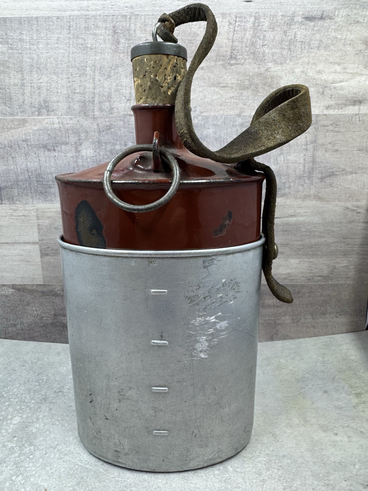 Vintage Swiss Army Canteen Enamel Water Bottle w/ Cork & Leather Strap 8.5”