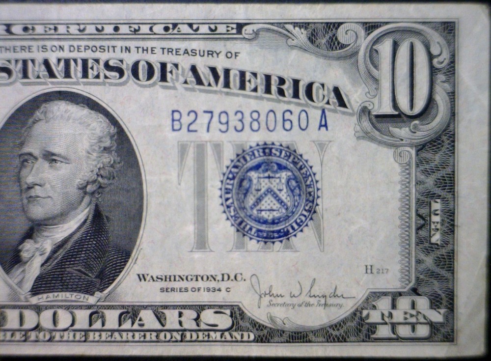 1934c ERROR 3rd Print Shift $10 SILVER CERTIFICATE VF + Note Currency NR