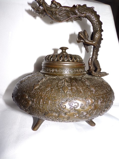 Antique Chinese Bronze Dragon Incense Burner Censer 9"