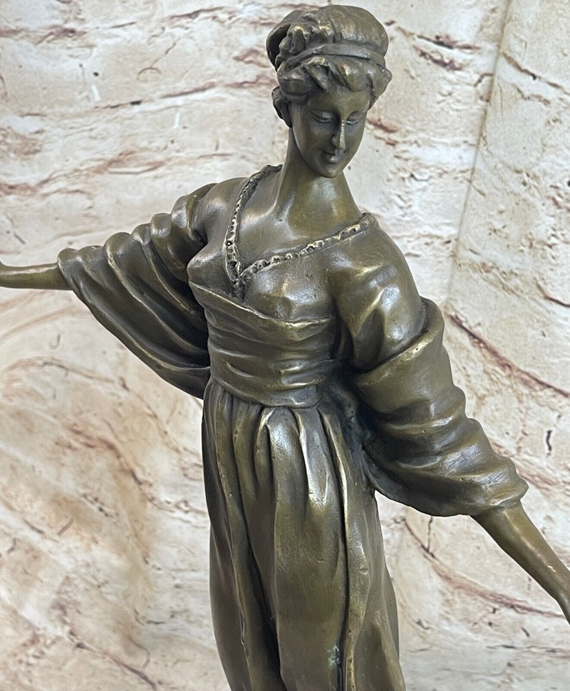 Signed Milo Victorian Lady 100% Solid Bronze Sculpture Marble Base Statue Decor