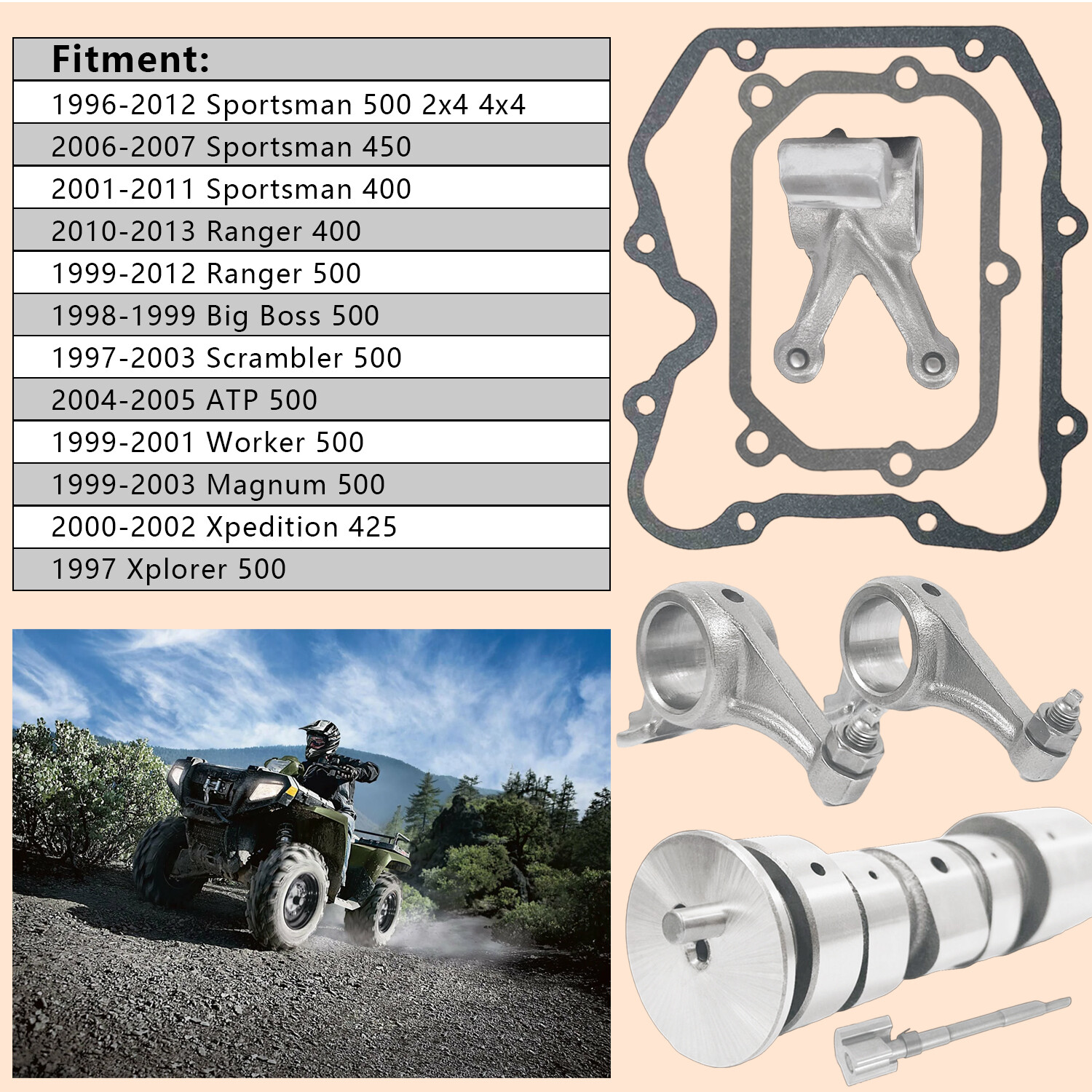 Camshaft & Rocker Arms w/Gasket Kits for Polaris Ranger 400 500 Scrambler 500