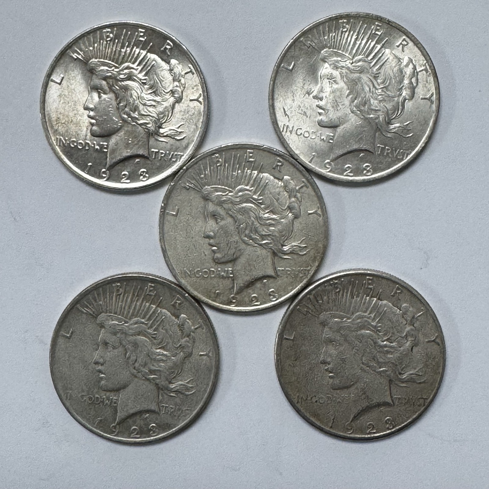 Lot of 5 US 1923 Peace Silver Dollars 90% Silver