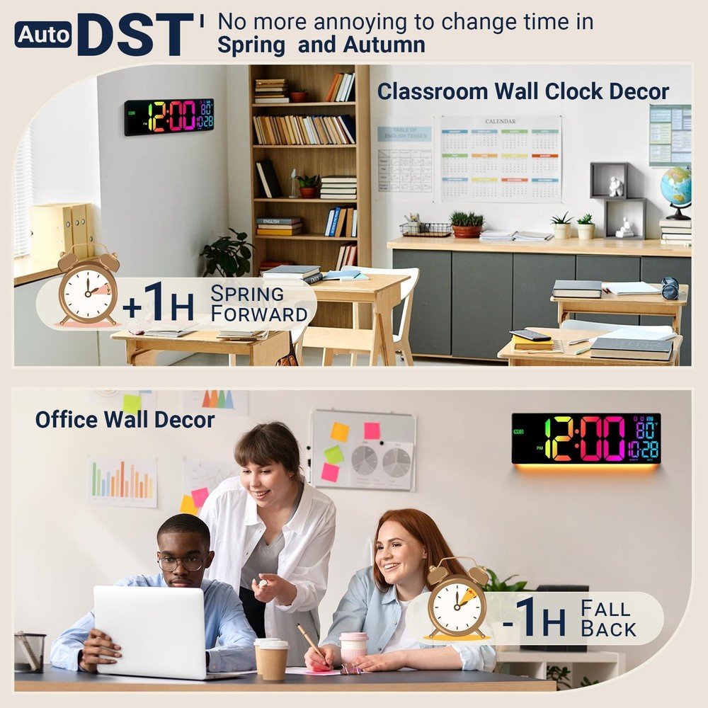 16.5" Large Digital Wall Clock with Remote Control, Auto-Dimming LED Display ...