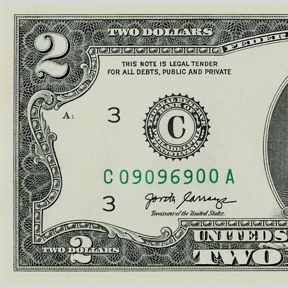 True Flipper Fancy Serial Number 2 Dollar Bill Crisp C09096900A