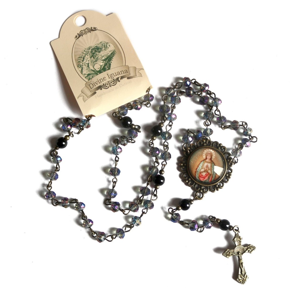 Bronze Glass Beaded Rosary - Blue Accent Beads - Catholic