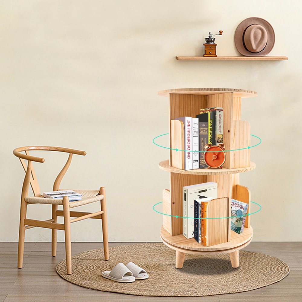 360 Rotating Bookshelf 2 Layer Display Rack Floor Standing BookcaseOrganizer