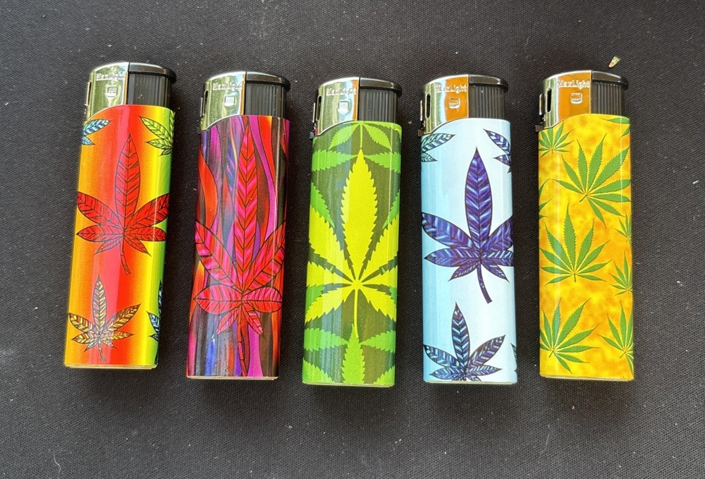 5x Assorted Refillable Weed Lighters Pot Designs & Multicolored