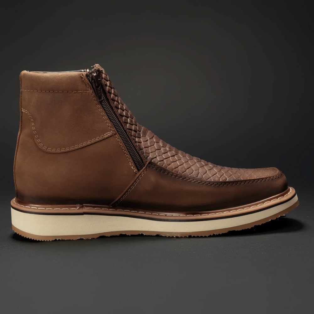 Men's Python Print Leather Square Toe Double Density Boots with Zipper - Tobacco