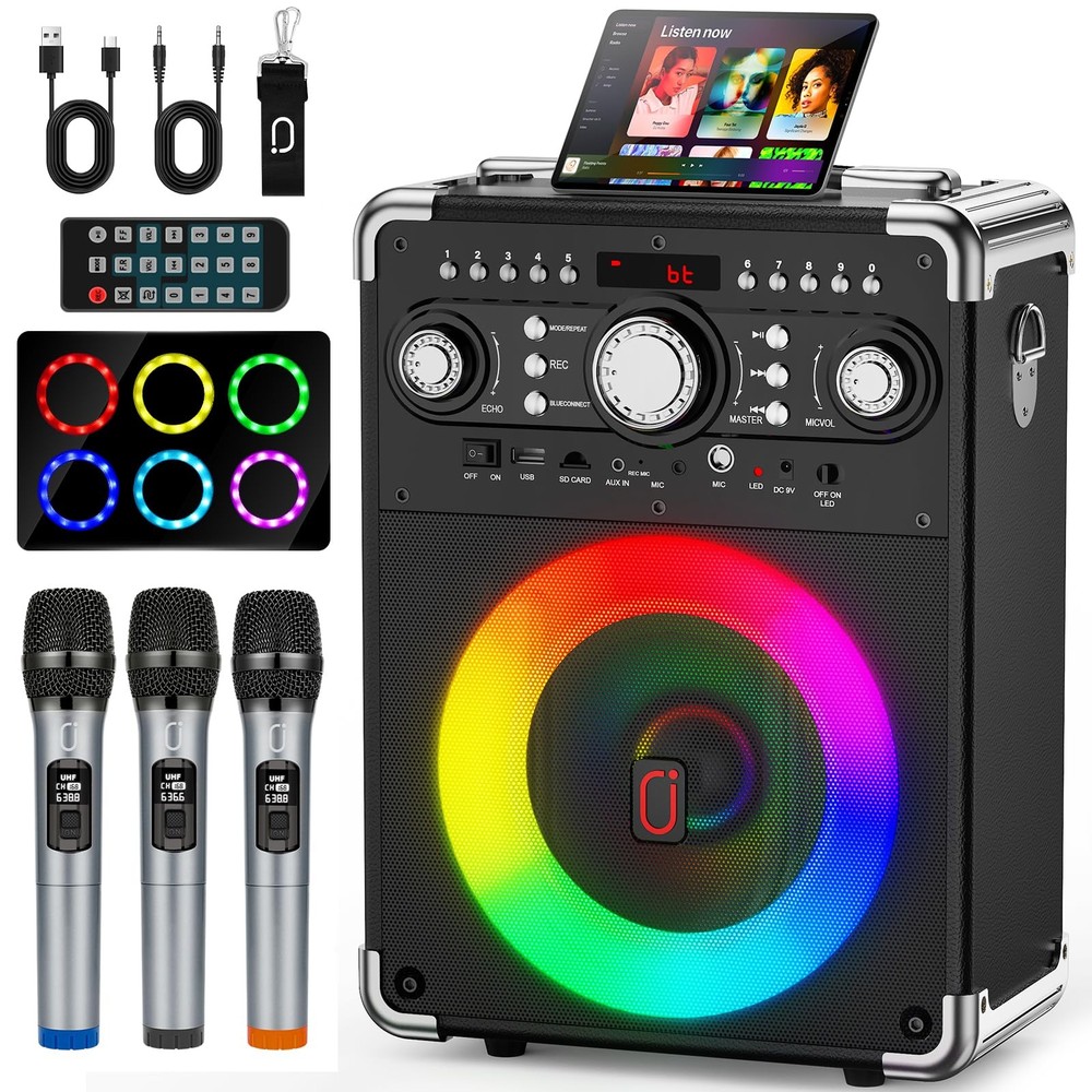 HWWR Karaoke Machine, Portable Bluetooth 5.3 Speaker with 3 Wireless Micropho...