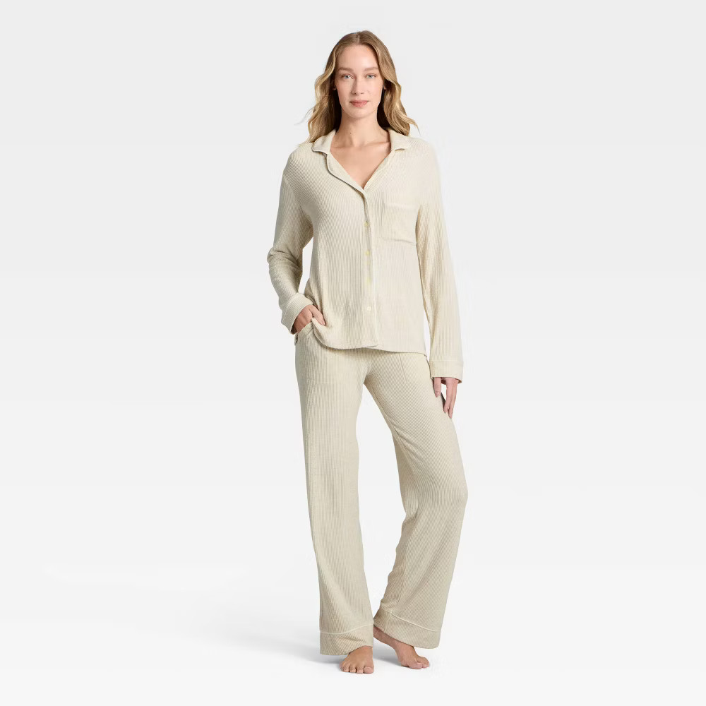 Women's Cozy Ribbed Notch Collar Long Sleeve Shirt and Pants Pajama Set